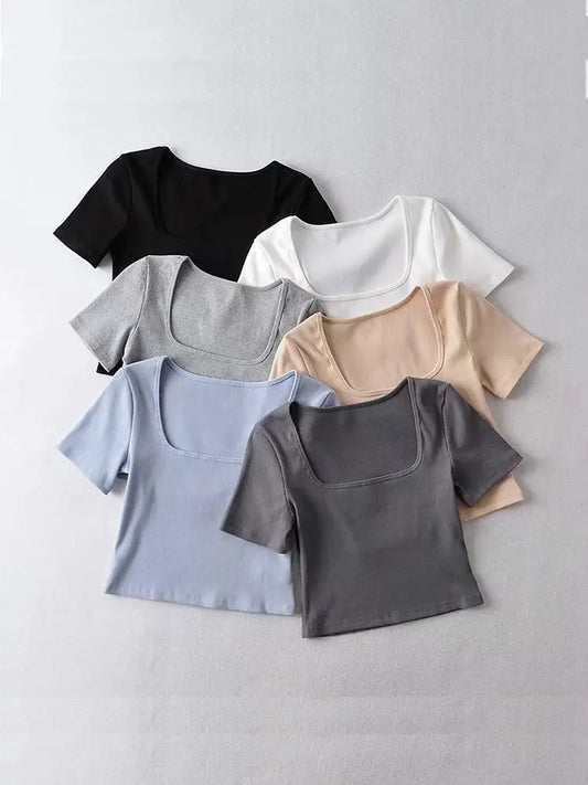 Women’s Square Neck Ribbed Crop T-Shirt – Short Sleeve