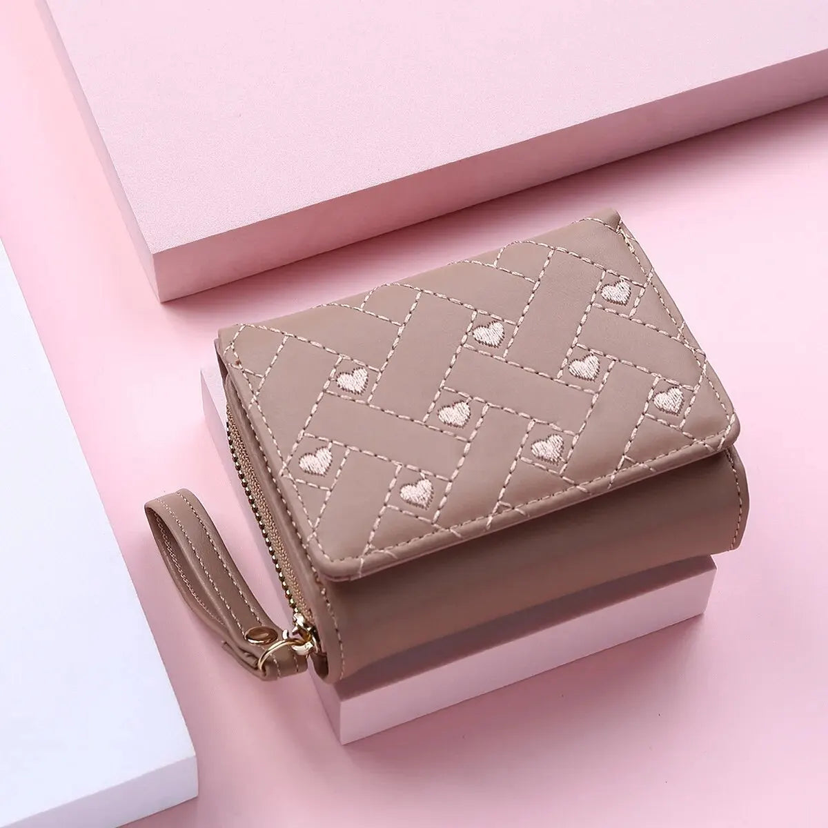 Women’s Short Embroidered Love Wallet – Large Capacity Card & Coin Zipper Bag