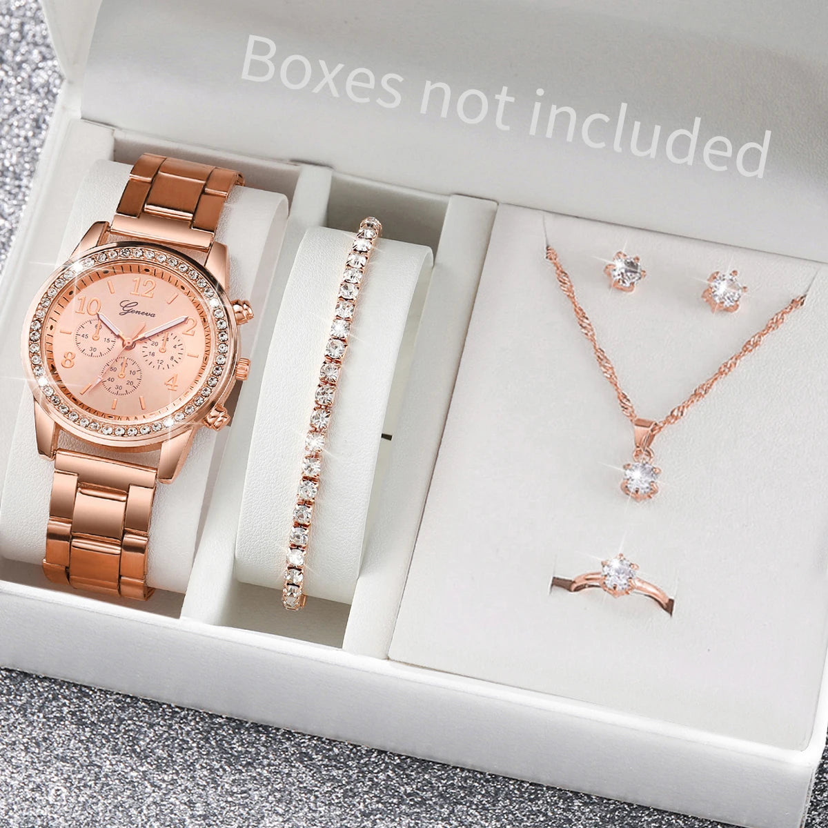 6PCS Women's Rhinestone Watch & Jewelry Set – Stainless Steel Quartz Elegance