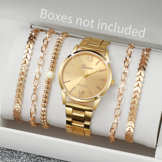 GoldenGlam – 3/6PCS Women's Gold Watch & Bracelet Set