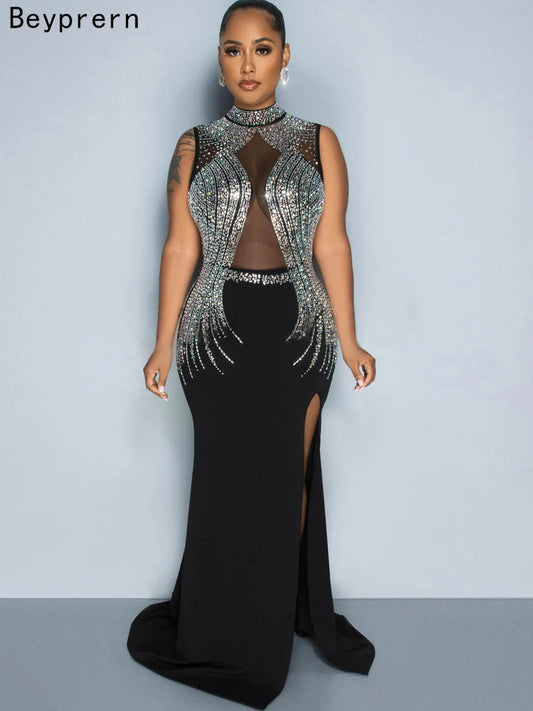MidnightGlint – Black Mesh Crystal Maxi Dress with High Slit