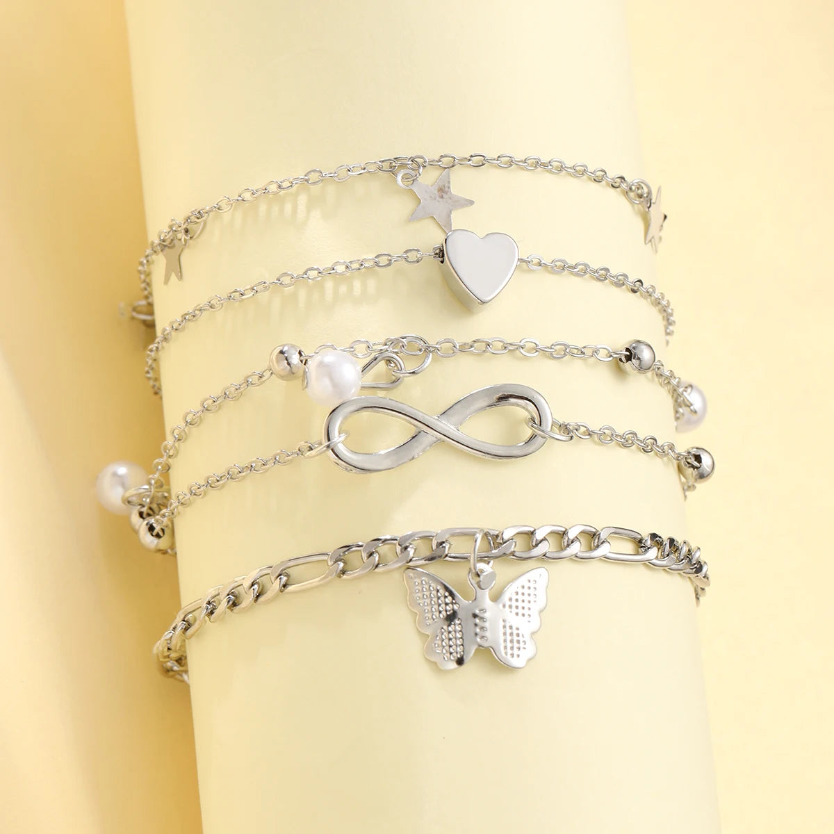 Boho Summer Anklet Set – Silver Charm Chain with Pearls, Butterflies & Stars