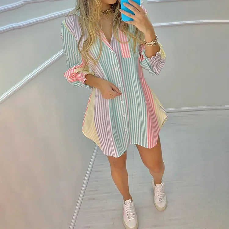 Printed Shirt Mini Dress – Irregular Long Sleeve Lapel Dress for Spring & Summer