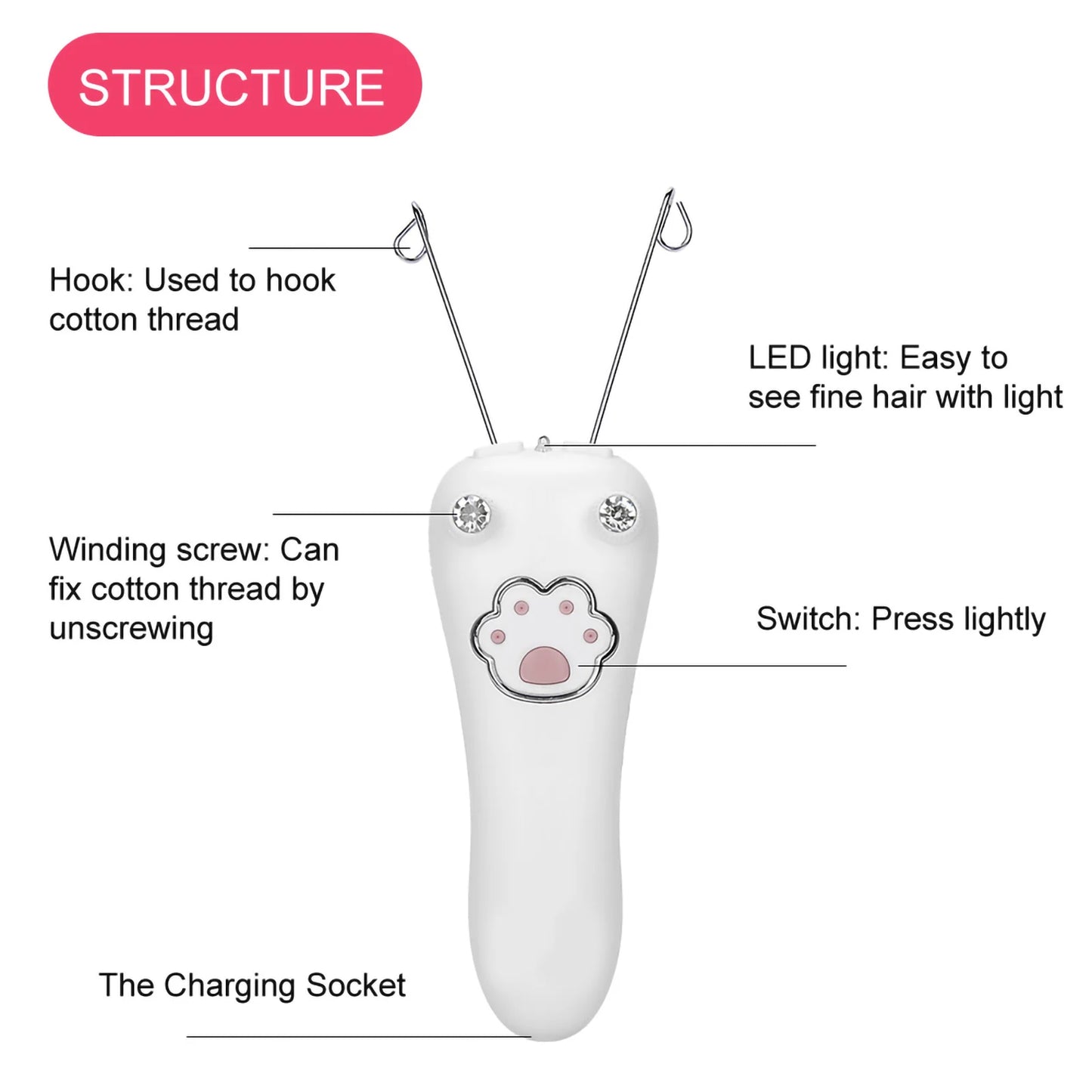 Rechargeable Cotton Thread Hair Remover for Women – Gentle Epilator for Face, Neck & Body