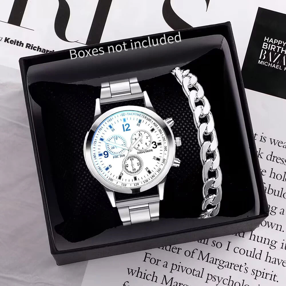 1/2PCS Men's Fashion Quartz Watch with Steel Band & Bracelet – Business Style