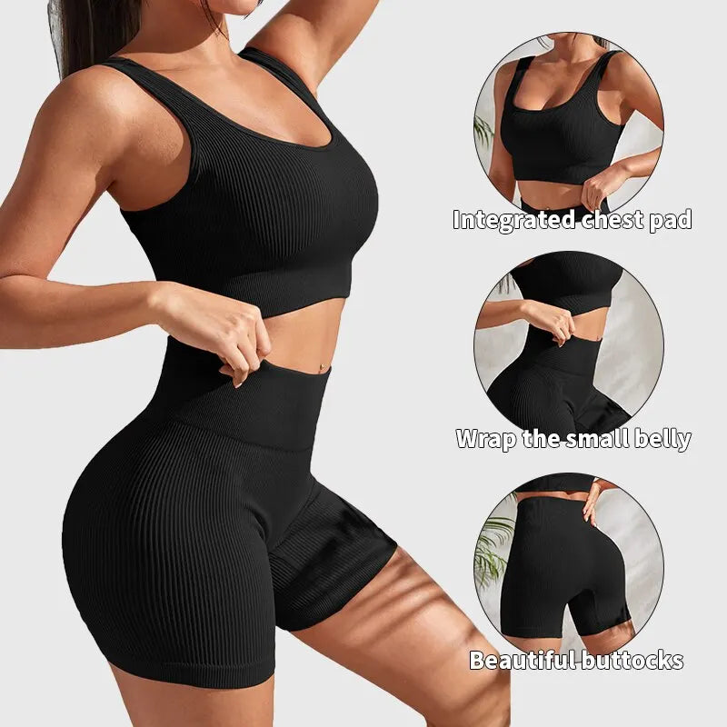 Seamless Ribbed Yoga Set – 2-Piece Crop Tank & High Waist Shorts for Women