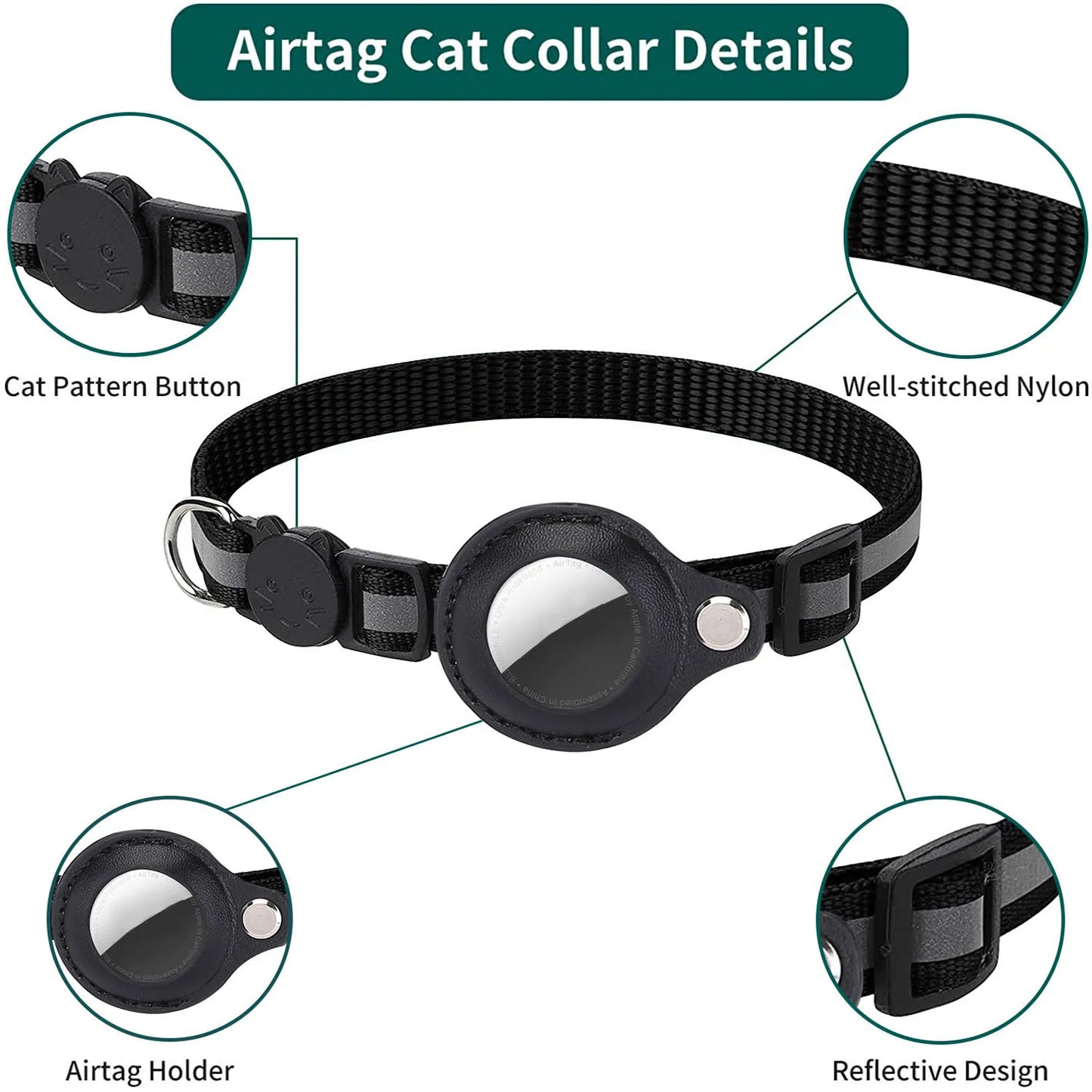 Cat Collar with AirTag Holder – Adjustable, Reflective, Waterproof with Bell