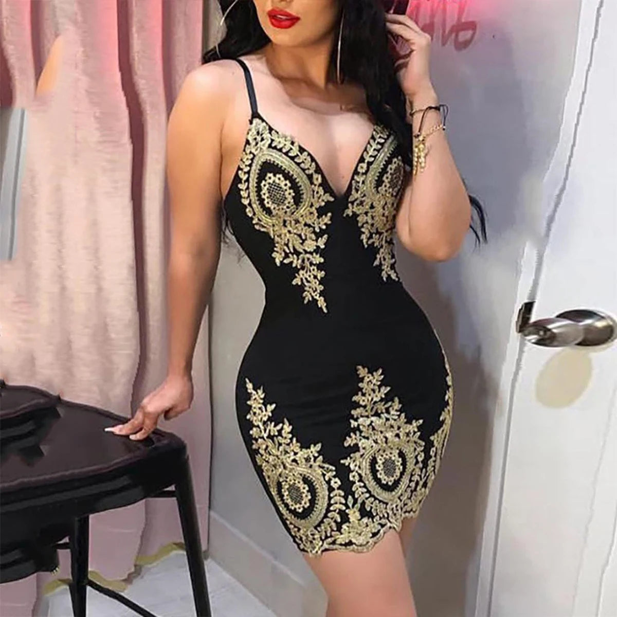 GlowMuse – Halter Neck Slim-Fit Mini Party Dress