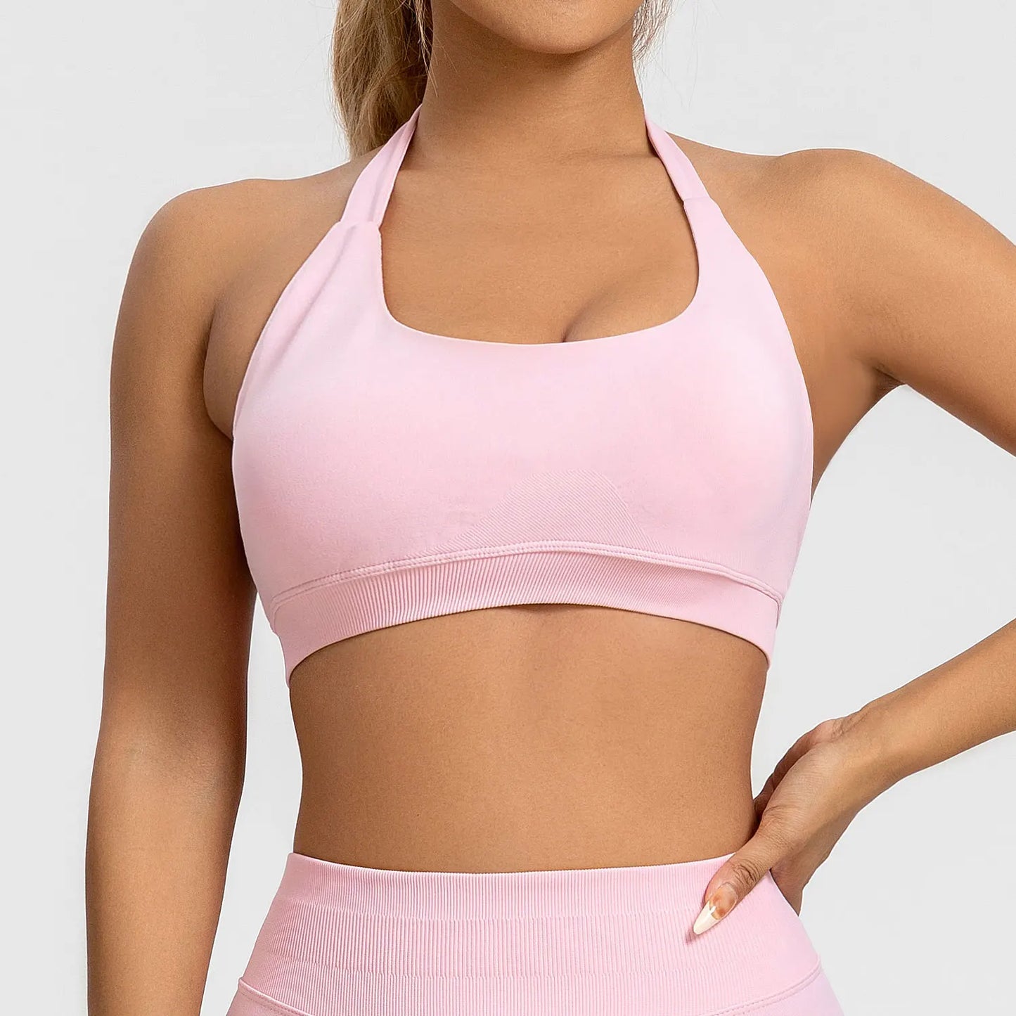 NCLAGEN Impact High-Support Seamless Sports Bra – Push-Up Halter Top with Open Back